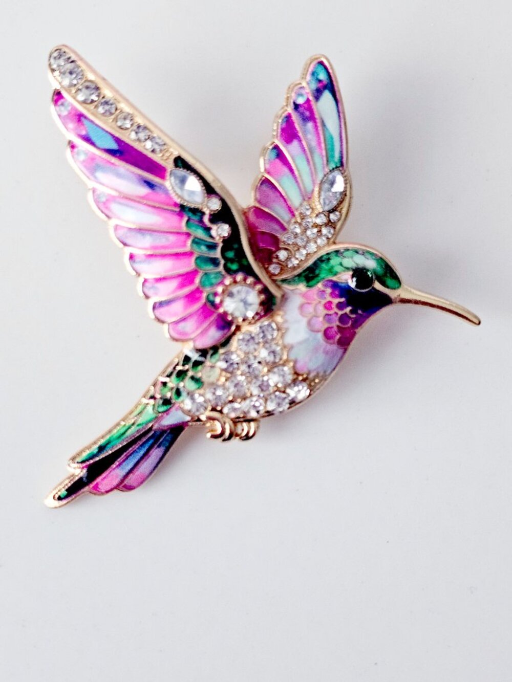 Vibrant Enamel & Rhinestone Hummingbird Brooch - Picture 3 of 6